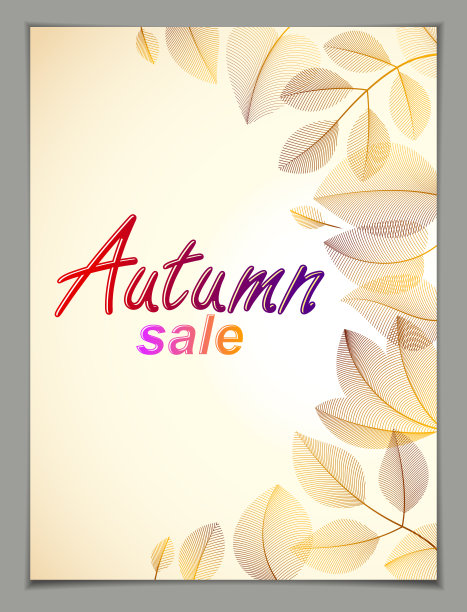 设计垂直横幅与秋天打字标志，秋天红色和黄色叶子框架组成背景。秋季卡，促销优惠。时尚典雅的植物绘画，环境。图片下载