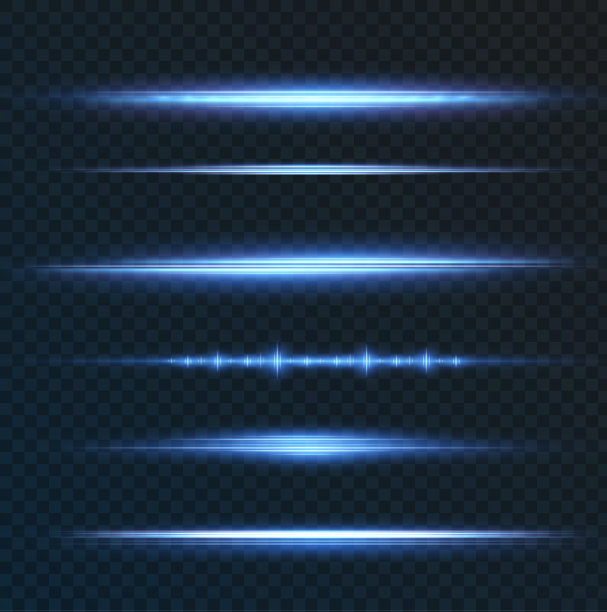 包与蓝色水平突出。激光氖光束，水平的淡蓝色光束。美丽的闪光。黑色背景上的发光条纹。蓝色或霓虹灯恒星在开阔的空间中闪耀图片下载