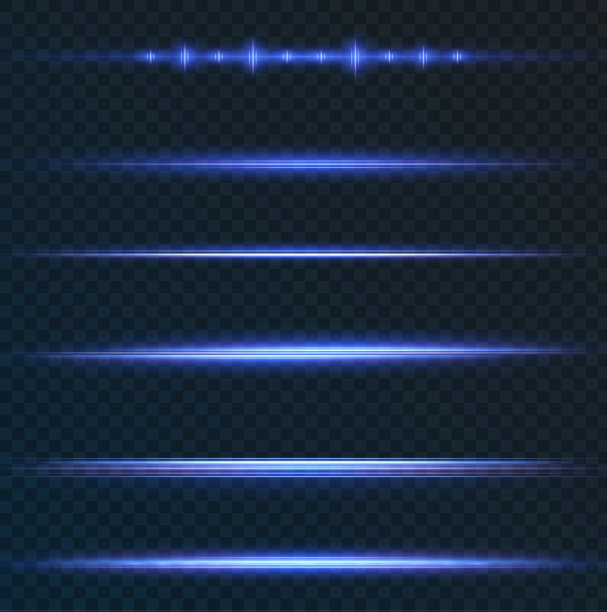 包与蓝色水平突出。激光氖光束，水平的淡蓝色光束。美丽的闪光。黑色背景上的发光条纹。蓝色或霓虹灯恒星在开阔的空间中闪耀图片下载