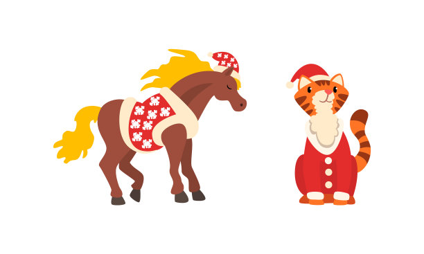 圣诞动物集马和虎为中国图片下载