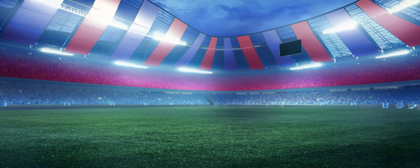 空荡荡的体育场和霓虹灯的彩色手电筒背景。看台上挤满了球迷。空白的冠军，你的广告，设计图片下载