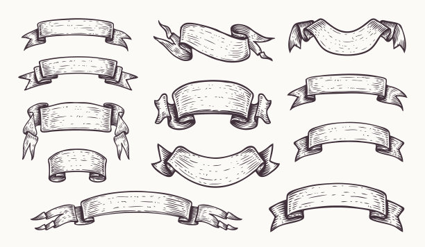 旗帜，丝带，复古雕刻风格的素描图片下载