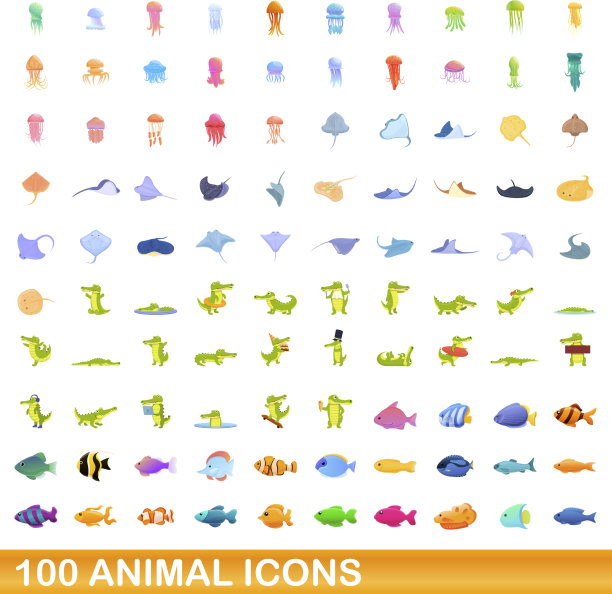 100个动物图标设定卡通风格图片下载
