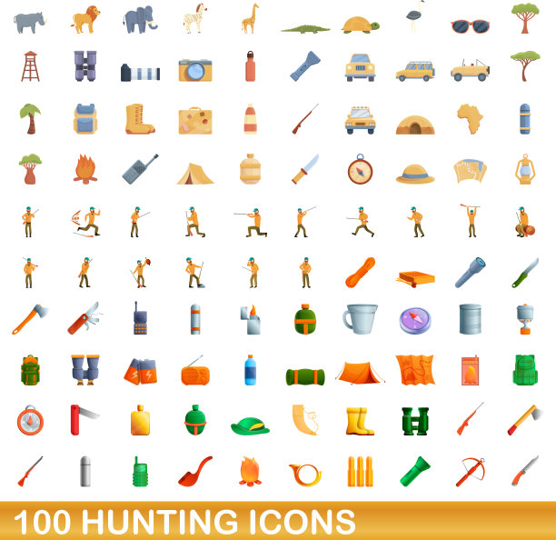 100个狩猎图标设定卡通风格图片下载