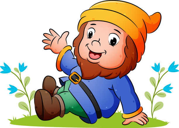 可爱的小矮人正坐在草地上挥手图片下载