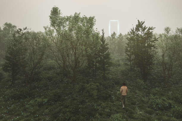 一个人在森林里向神秘物体走去图片下载