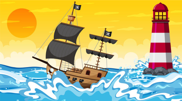 海洋与海盗船在日落时分的场景图片下载