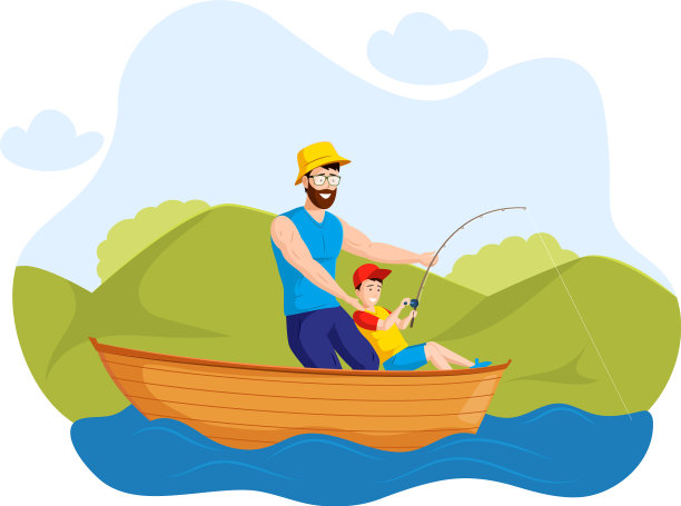 快乐的父子在船上钓鱼花图片下载