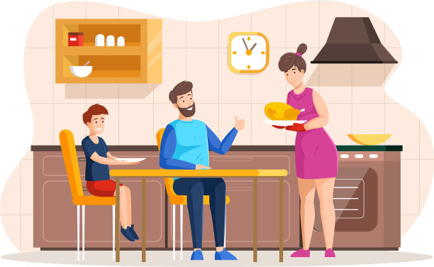 快乐的一家人一起在厨房吃饭，妈妈图片下载