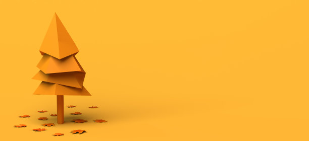 秋天的旗帜与树和干燥的落叶在黄色的背景。3 d演示。副本的空间。头。图片下载