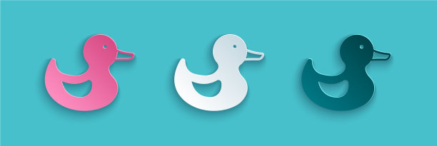 剪纸橡皮鸭图标孤立在蓝色上图片下载