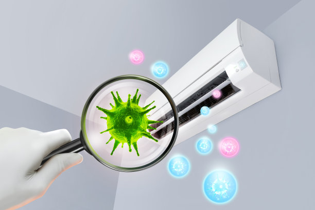 通过放大镜显示从空调或空气净化器的蓝色和粉红色气泡内的病毒的3D渲染。图片下载