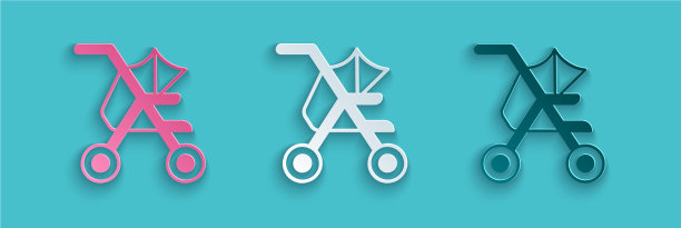 剪纸婴儿推车图标孤立在蓝色图片下载