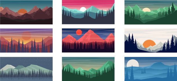 以平面风格设置卡通山景图片下载