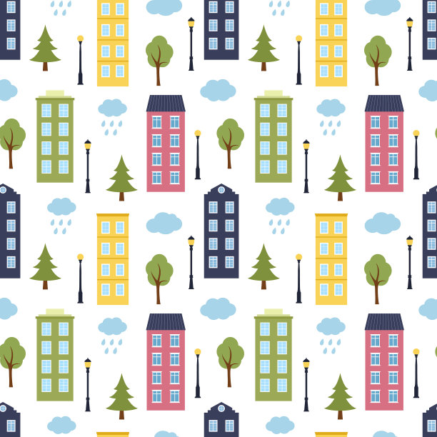 无缝模式与房屋、树木、灯笼和图片下载