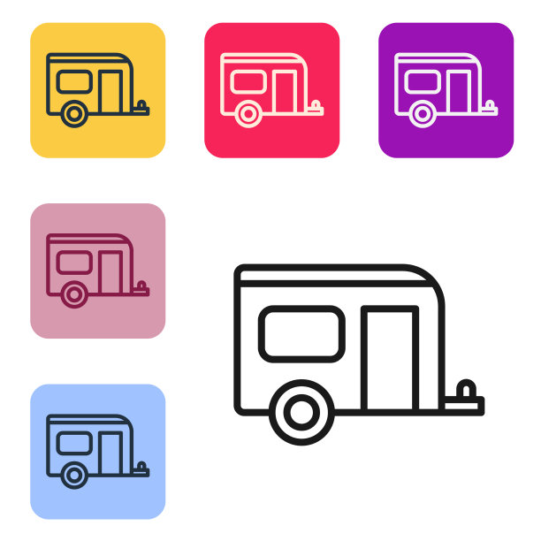 黑色线房车露营拖车图标孤立上图片下载