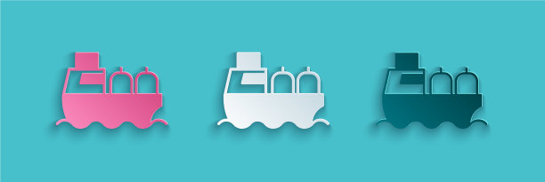 纸剪油船图标孤立在蓝色上图片下载