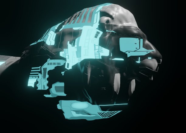 3d渲染的未来机械狮子在黑暗的背景图片下载