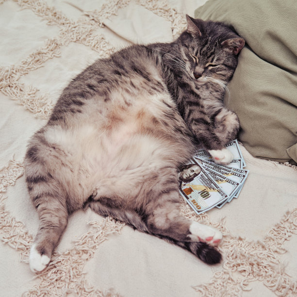 一只大胖猫肚子朝上，和钱一起躺在床上图片下载
