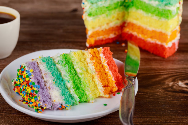 生日五彩彩虹蛋糕配杯咖啡和刀。图片下载