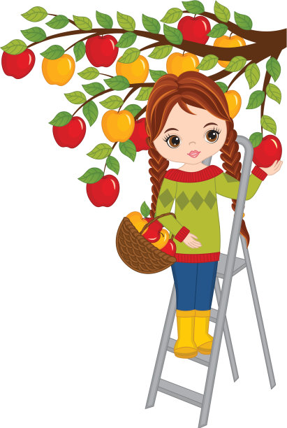 美丽的女孩正在树上摘苹果图片下载