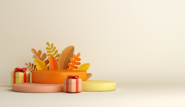秋圆裙台装饰背景与橙叶，礼品盒，产品展示模型，3d渲染插图图片下载