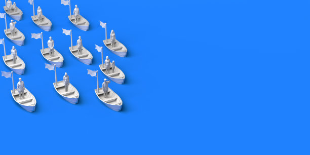 一群乘小船在海上航行的人。移民的概念。3 d演示。副本的空间。图片下载