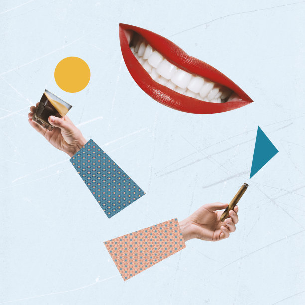 快乐的周末。当代艺术拼贴画的人手握酒和雪茄图片下载