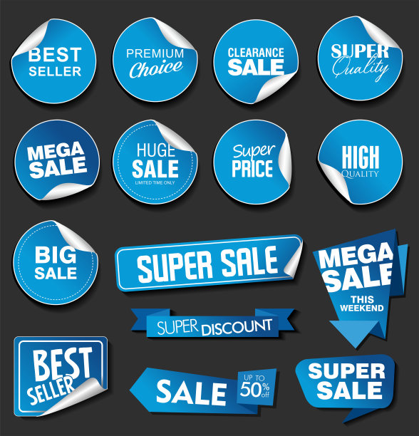 蓝色销售贴纸黑色背景插图收集图片下载