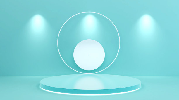 圆形站在浅蓝色背景上，模拟讲台上的产品介绍图片下载
