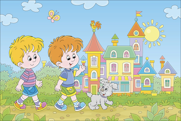 小男孩和小狗说话散步图片下载