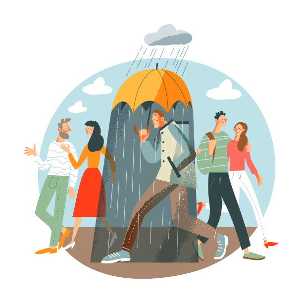 伤心寂寞的人独自走，幸福的情侣在身边走。年轻人在雨矢量插图下压抑户外。不快乐的人在人群中心烦意乱。孤独和绝望图片下载