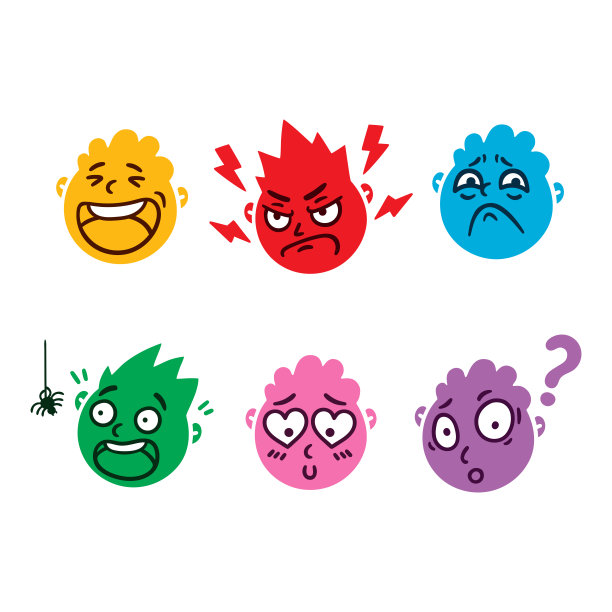 圆脸抽象，有不同的情绪。开心，愤怒，质疑，害怕，悲伤，坠入爱河的表情化身。卡通风格。平面设计矢量插图。图片下载