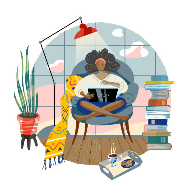 女孩在家做自由职业。年轻的女人与笔记本电脑在扶手椅在线矢量插图。现代生活方式场景，舒适的远程商务工作场所，食物和书籍图片下载