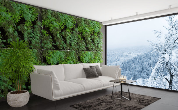 现代极简公寓室内与绿色植物墙。图片下载