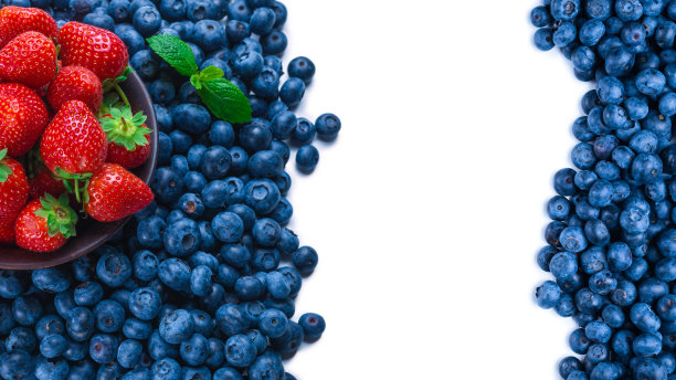 新鲜的蓝莓和薄荷分离在白色的背景。图片下载