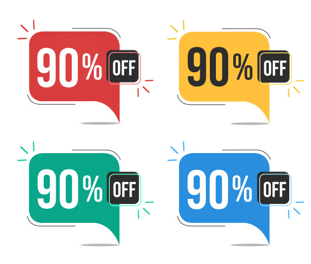 打90%。红色，黄色，绿色和蓝色的标签打九折。横幅与四个彩色气球与特别提供向量。图片下载