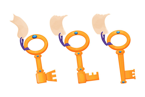 设置金色古老的钥匙装饰宝石卡通风格孤立在白色背景。幻想城堡，ui游戏资产。矢量图图片下载