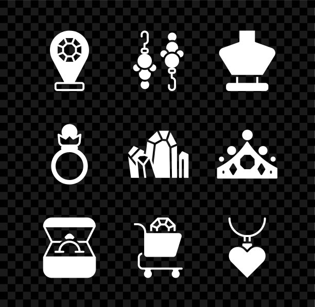 集珠宝店，耳环，项链上的人体模型，钻石订婚盒，网上购物，与心形吊坠，宝石石图标。向量图片下载