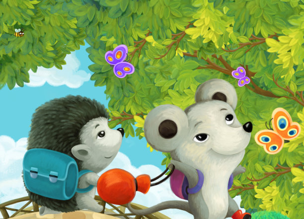 公园或森林的卡通场景和灿烂的阳光和快乐的动物孩子上学插图图片下载