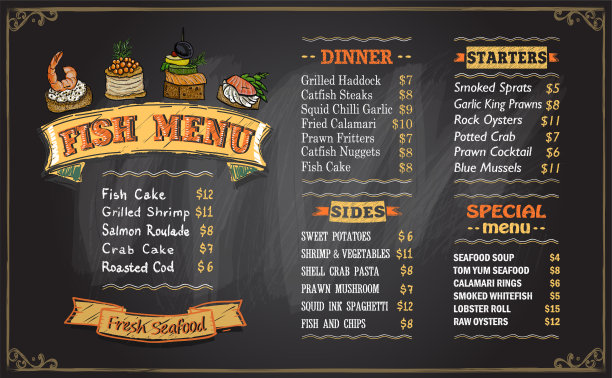 鱼粉笔菜单黑板矢量模板与晚餐图片下载