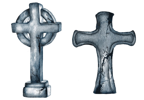 有裂缝的水彩墓碑。手绘万圣节插图。图片下载