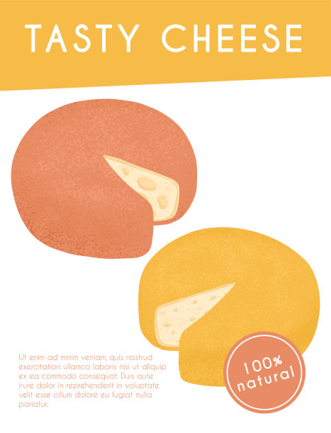 瑞士奶酪圆形车轮与切割块矢量平面海报的概念。豪达和玛斯丹新鲜美味的车轮。图片下载