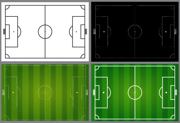 足球场插图集。包含黑白足球场和绿草白色区域线的设计。模板水平矢量设计。图片下载