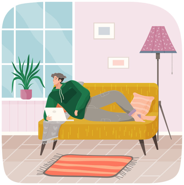 男人躺在沙发上，手里拿着笔记本电脑图片下载