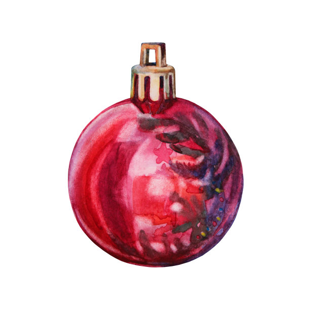 水彩手绘红色闪亮圣诞装饰球孤立在白色背景。为新年，聚会，庆祝，贴纸，墙纸，包装，速写本的创造性玩具剪纸图片下载
