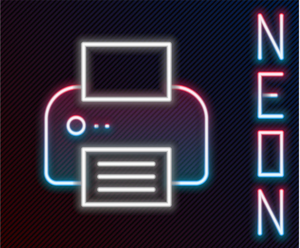 发光的霓虹灯线打印机图标隔离在黑色图片下载