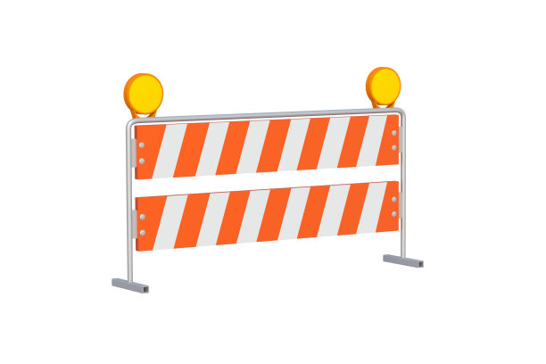 条纹道路障碍，障碍与黄色灯孤立在白色背景。三维渲染图片下载