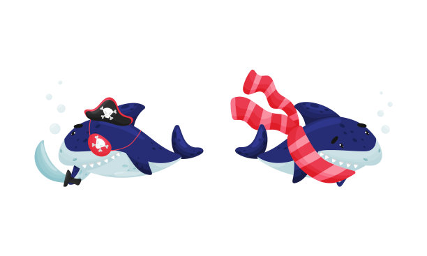 蓝色牙齿卡通鲨鱼戴着围巾图片下载