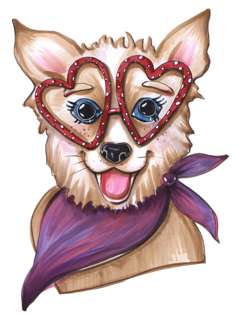 插图卡通风格在白色背景的狗肖像眼镜和头巾有趣的柯基与大可爱的眼睛图片下载